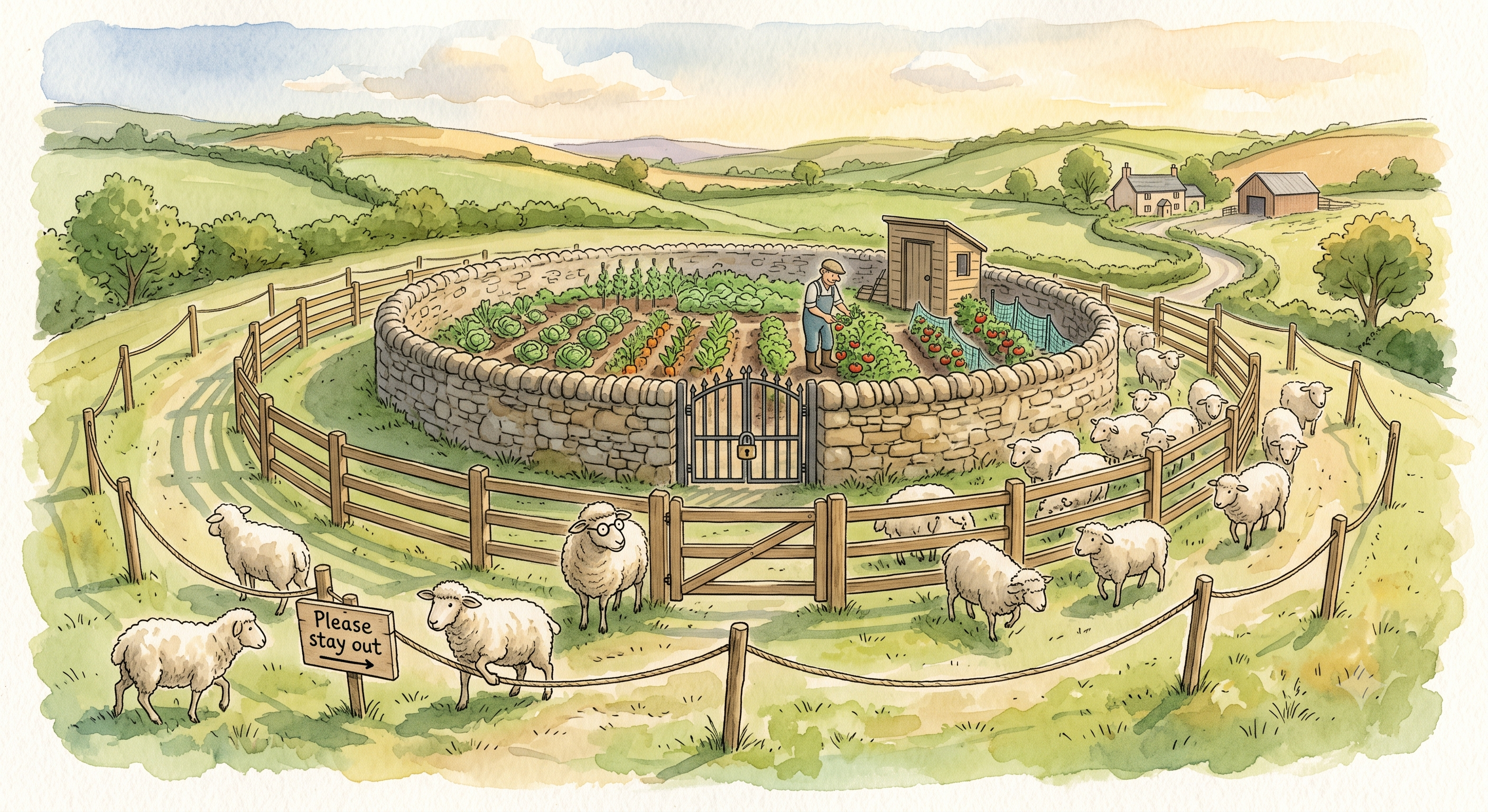 Watercolor illustration showing three concentric fence rings around a farmer's vegetable garden, viewed from a hilltop. The outermost ring is a flimsy rope line with a sign reading 'Please stay out,' sheep stepping over it. The middle ring is a proper wooden fence, sheep milling outside. The innermost ring is a solid stone wall with a locked iron gate, the farmer tending vegetables safely inside. One sheep wearing round spectacles studies the three rings.