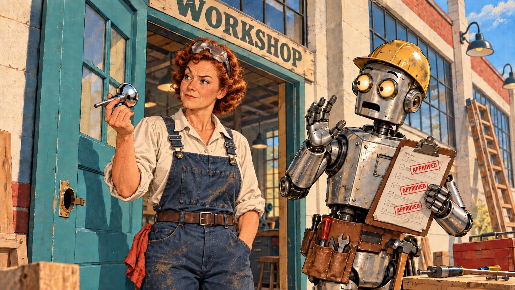 Retro-technical 1950s illustration in front of a brand-new workshop building with a WORKSHOP sign over the door. A seasoned woman mechanic in work overalls, with safety glasses pushed up on her curly red hair, holds up the chrome doorknob that just came off the freshly painted teal door and eyes it with a wry, skeptical look. Next to her, a tin robot builder in a yellow hard hat and tool belt raises a hand in surprise, holding a clipboard with three red APPROVED stamps.