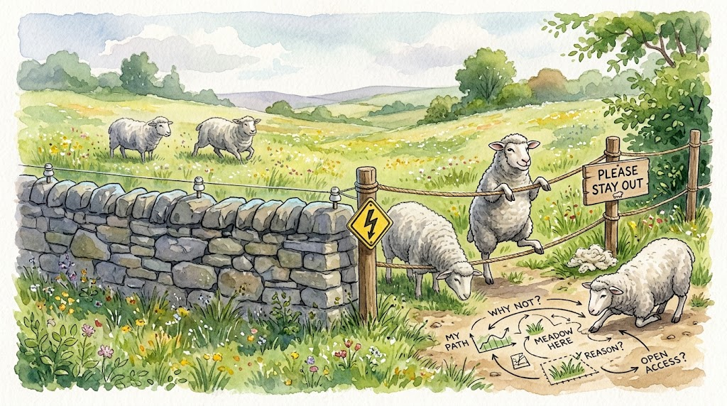Watercolor illustration of a meadow with two kinds of fences. On the left, sheep keep well back from a stone wall topped with an electric wire and a yellow lightning bolt warning sign. On the right, a sheep ducks under a rope fence marked 'Please Stay Out' while another draws elaborate arguments in the dirt.