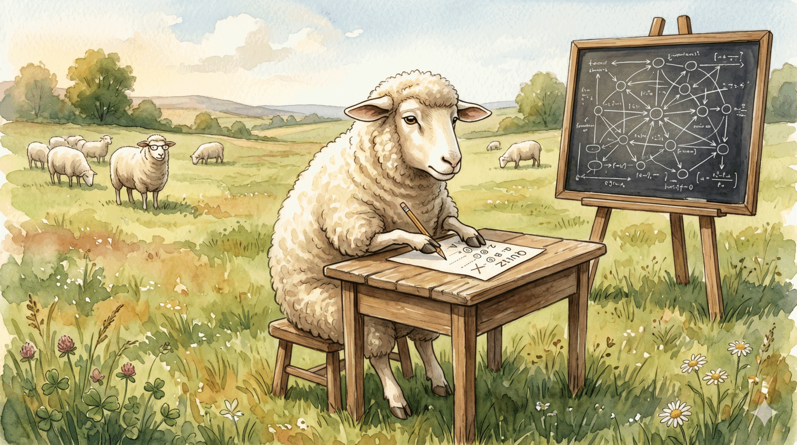 Watercolor illustration of a sheep sitting at a small wooden desk in a meadow, taking a quiz with a pencil in its hoof. A chalkboard behind it shows a complex network diagram. Other sheep graze in the background, one wearing tiny reading glasses.