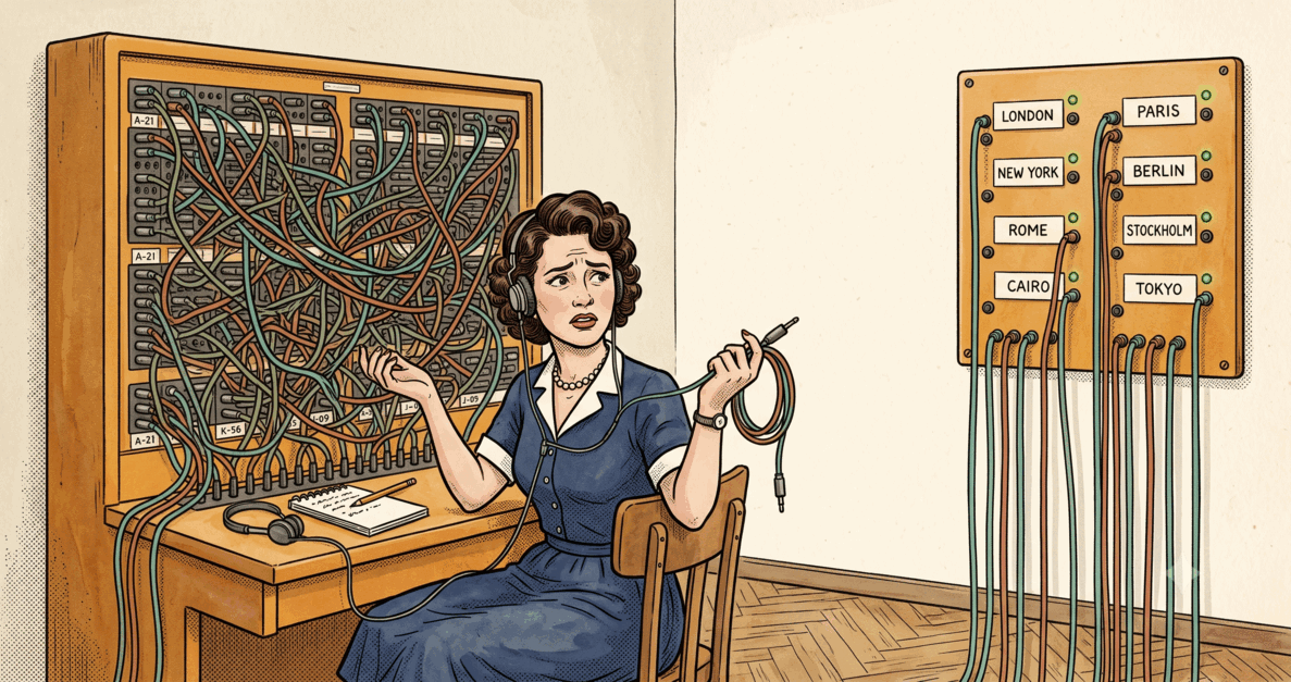 Retro-technical illustration of a 1950s telephone switchboard room. On the left, a large board with tangled cables filling every jack, labels buried under the mess. A switchboard operator in 1950s attire sits between two panels, one hand gesturing at the chaos, the other holding a cable toward a clean panel on the right. The clean panel has eight clearly labeled jacks with city names (London, Paris, New York, Berlin), green indicator lights glowing beside each one, cables hanging in neat parallel lines.