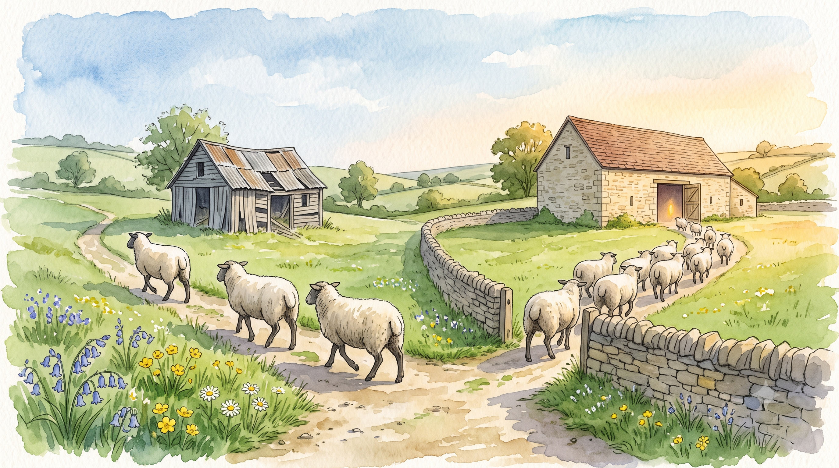 Watercolor illustration of a forking dirt path in a green meadow. On the left fork, three sheep walk confidently toward a rickety old barn. On the right fork, the main flock heads toward a warm stone barn with a glowing doorway. A low stone wall with a gap separates the two paths. Wildflowers line the wrong path on the left.