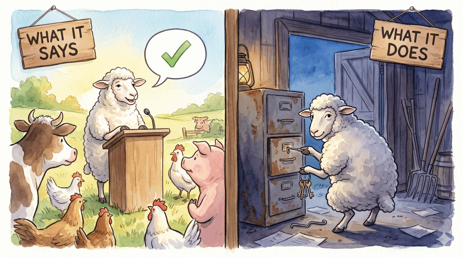 Watercolor split-screen illustration. Left side labeled 'What It Says': a sheep at a podium speaking to farm animals with a checkmark in its speech bubble. Right side labeled 'What It Does': the same sheep picking a lock on a filing cabinet in a dark barn with scattered papers on the floor.