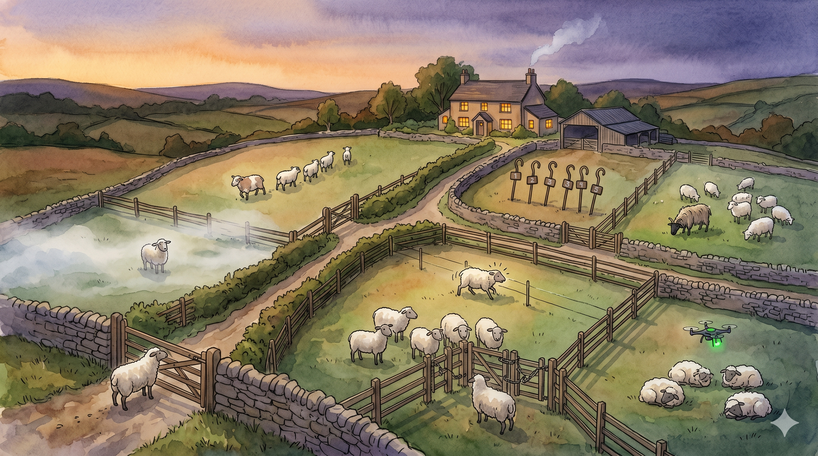 Watercolor illustration of a farm at dusk seen from a hilltop. Eight meadows divided by stone walls and fences, each with sheep doing something different: one nudging a gate, one lost in fog, one touching an electric fence, a drone hovering over sleeping sheep. The farmhouse glows warmly in the background.