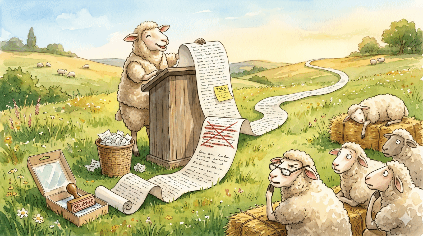 Watercolor illustration of a sheep at a lectern proudly presenting a long scroll covered in text. The scroll has a TODO sticky note and crossed-out sections still visible. Other sheep in the audience look skeptical, one wearing glasses and squinting. A rubber stamp reading REVIEWED sits unused in its packaging.