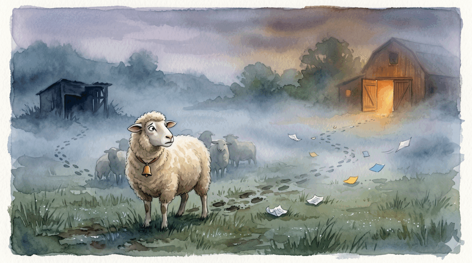 Watercolor illustration of a sheep standing alone in a foggy meadow at dusk, looking over its shoulder. Its hoofprints fade into the mist behind it. Scattered papers blow away in the wind. A warm-lit barn glows faintly in the far background.