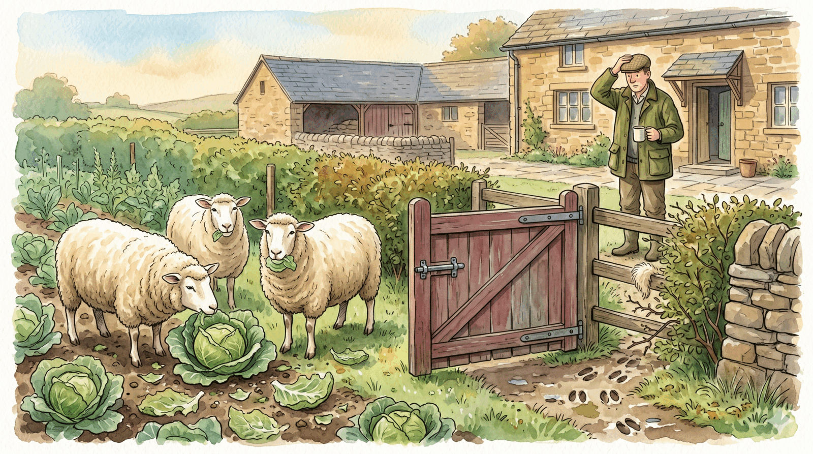 Watercolor illustration of three sheep eating cabbages in the farmer's vegetable garden. The gate latch is still intact. The farmer stands on his porch, coffee in hand, staring in disbelief.