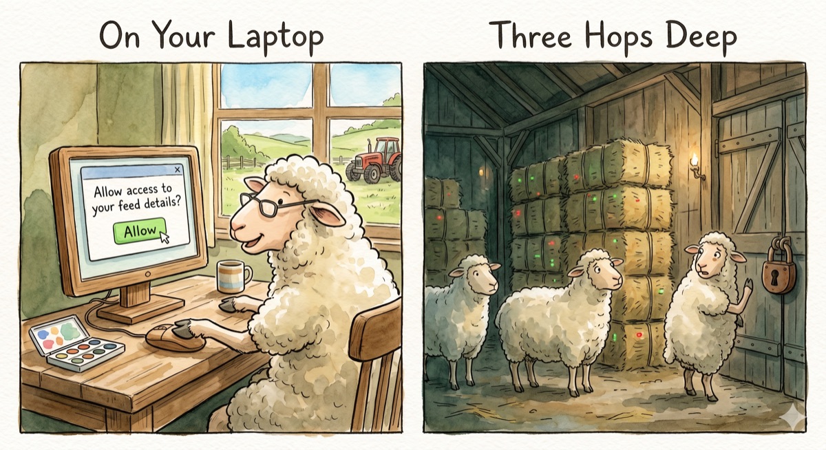 Watercolor split-screen illustration. Left side labeled 'On Your Laptop': a sheep with glasses sitting at a desk, clicking 'Allow' on a consent screen. Right side labeled 'Three Hops Deep': three sheep standing in a dim barn filled with hay bales arranged like server racks, facing a padlocked door with no computer in sight.
