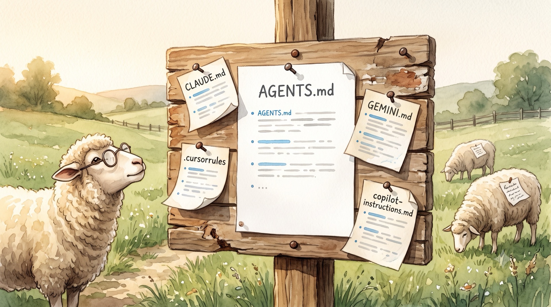 Watercolor illustration of a wooden bulletin board nailed to a fence post in a sheep meadow. A large clean sheet pinned to the center is labeled AGENTS.md with bullet points. Smaller curling notes overlap around it, labeled CLAUDE.md, .cursorrules, GEMINI.md, and copilot-instructions.md. A sheep with round reading glasses studies the main sheet. Other sheep graze in the background with crumpled notes stuck in their wool.